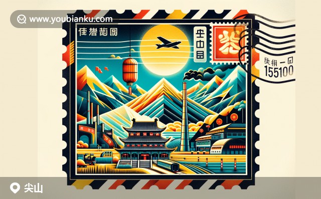 黑龙江双鸭山尖山区邮票风格插图，展现山景、煤矿及传统中国文化