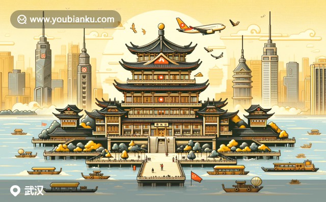 武汉文化与风景融合，展现黄鹤楼壮美、热干面美食和东湖景色，灵动呈现于航空邮件信封上